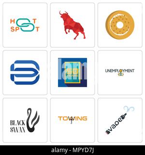 Set Of 9 simple editable icons such as vape, towing, black swan, unemployment, 50 year, minimal b, bagel, bull, hotspot, can be used for mobile, web Stock Vector