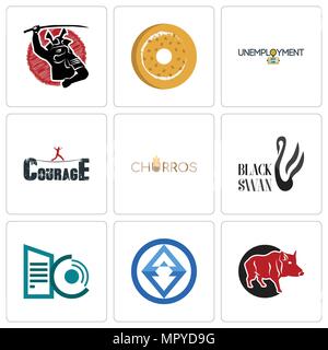 Set Of 9 simple editable icons such as boar, 3, datacenter, black swan, churros, courage, unemployment, bagel, , can be used for mobile, web Stock Vector