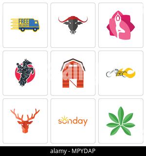 Set Of 9 simple editable icons such as pot leaf, sunday, deer head, chopper, barn, equestrian, yoga studio, free delivery, can be used for mobile, web Stock Vector