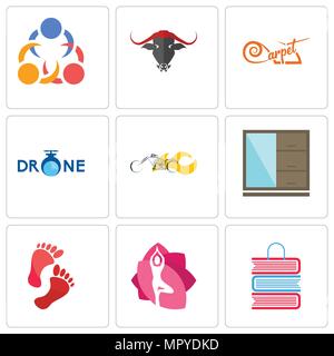 Set Of 9 simple editable icons such as book shop, yoga studio, foot print, wardrobe, chopper, carpet, 3 people, can be used for mobile, web Stock Vector