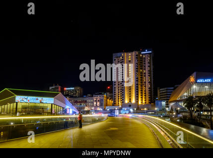 The Adelaide city skyline at night featuring the Torrens Riverbank precinct Stock Photo