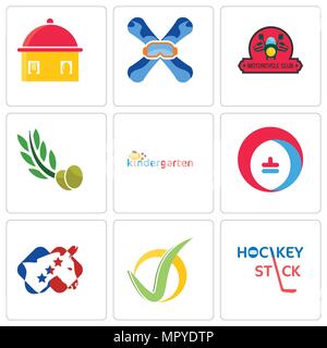Set Of 9 simple editable icons such as hockey stick, checkmark, democrat, heating cooling, kindergarten, olive leaves, motorcycle club, snowboard, hom Stock Vector