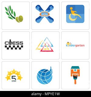 Set Of 9 simple editable icons such as home paint, logistics company, 5 star, kindergarten, three triangle, chess, disability, snowboard, olive leaves Stock Vector