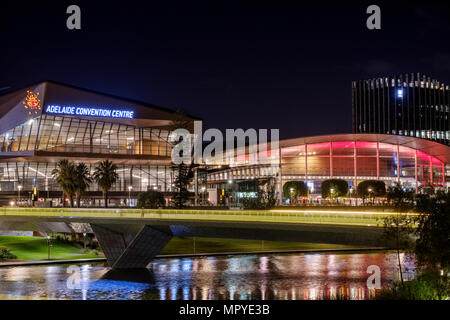 The Adelaide city skyline at night featuring the Torrens Riverbank precinct Stock Photo