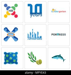 Set Of 9 simple editable icons such as olive leaves, pillow, fortress, metropolis, snowboard, kindergarten, 10 year, human resources, can be used for  Stock Vector