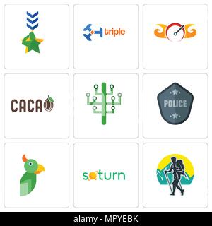 Set Of 9 simple editable icons such as trekking, saturn, police badge, digital tree, speedometer, triple, military, can be used for mobile, web Stock Vector