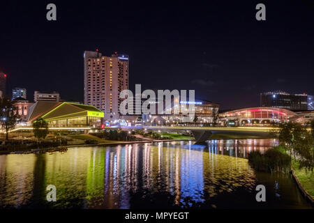 The Adelaide city skyline at night featuring the Torrens Riverbank precinct Stock Photo