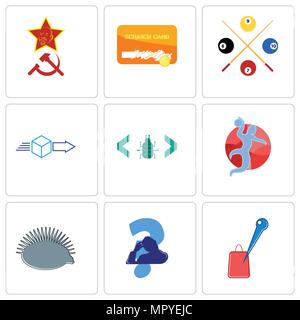 Set Of 9 simple editable icons such as store locator, scratching head, hedgehog, handball, software bug, dispatch, snooker, scratch card, communism, c Stock Vector