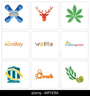 Set Of 9 simple editable icons such as olive leaves, crab, bank transfer, kindergarten, waffle, sunday, pot leaf, deer head, snowboard, can be used fo Stock Vector
