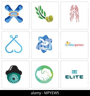 Set Of 9 simple editable icons such as the elite, hands shaking, security camera, kindergarten, swim and dive, fishing hook, long hair, olive leaves,  Stock Vector