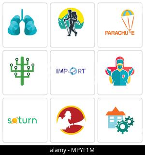 Set Of 9 simple editable icons such as facility, saturn, surgeon, import, digital tree, parachute, trekking, lungs, can be used for mobile, web Stock Vector