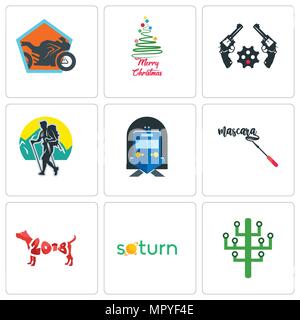 Set Of 9 simple editable icons such as digital tree, saturn, year of the dog, mascara, train station, trekking, revolver, merry christmas, motorcycle  Stock Vector