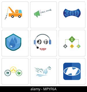 Set Of 9 simple editable icons such as h, waterfall, commodities, order management, it helpdesk, water resistant, 360 image, call now, tow truck, can  Stock Vector