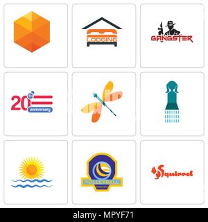 Set Of 9 simple editable icons such as squirrel, volleyball tournament, rising sun, girls bathroom, dragonfly, 20 anniversary, gangster, lodging, cubi Stock Vector