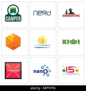 Set Of 9 simple editable icons such as 15 years celebration, nano, placeholder, kiwi, rising sun, cubic, gangster, nerd, camper, can be used for mobil Stock Vector
