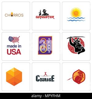 Set Of 9 simple editable icons such as sparta, courage, cubic, 30 year, made in usa, rising sun, gangster, churros, can be used for mobile, web Stock Vector