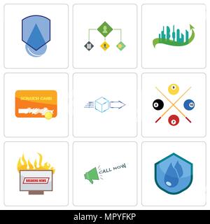 Set Of 9 simple editable icons such as water resistant, call now, breaking news, snooker, dispatch, scratch card, future city, order management, water Stock Vector