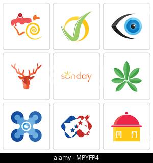 Set Of 9 simple editable icons such as homemade food, democrat, drones, pot leaf, sunday, deer head, eyeball, checkmark, confectionery, can be used fo Stock Vector