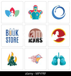 Set Of 9 simple editable icons such as lungs, catering services, firemen, mars, book store, import export, surgeon, chakra, can be used for mobile, we Stock Vector