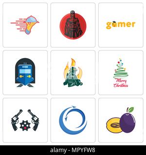 Set Of 9 simple editable icons such as plum, import export, revolver, merry christmas, firemen, train station, gamer, spartan, catering services, can  Stock Vector