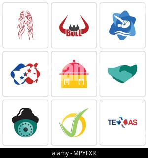 Set Of 9 simple editable icons such as texas, checkmark, security camera, hand shaking, homemade food, democrat, swim and dive, bull horn, long hair,  Stock Vector