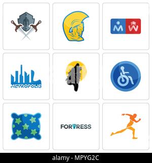 Set Of 9 simple editable icons such as running club, fortress, pillow, disabled, black wolf, metropolis, restroom, warrior head, shield and sword, can Stock Vector