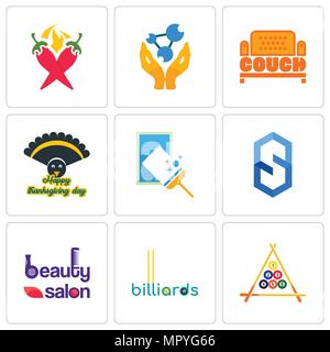 Set Of 9 simple editable icons such as billiard, billiards, beauty salon, s hexagon, window cleaning, thanksgiving, couch, chemist, chili pepper, can  Stock Vector