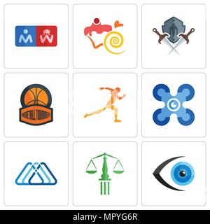Set Of 9 simple editable icons such as eyeball, scales of justice, 3 triangle, drones, running club, basketball tournament, shield and sword, confecti Stock Vector