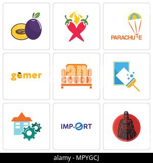 Set Of 9 simple editable icons such as spartan, import, facility, window cleaning, couch, gamer, parachute, chili pepper, plum, can be used for mobile Stock Vector