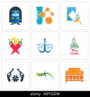 Set Of 9 simple editable icons such as couch, lizard, revolver, merry christmas, navy anchor, chili pepper, window cleaning, chemical company, train s Stock Vector