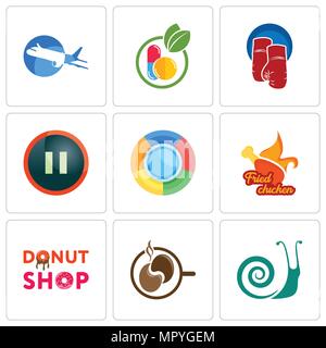 Set Of 9 simple editable icons such as snails, coffe, donut shop, fried chicken, pause, boxing gloves, homeopathy, aeroplane, can be used for mobile,  Stock Vector