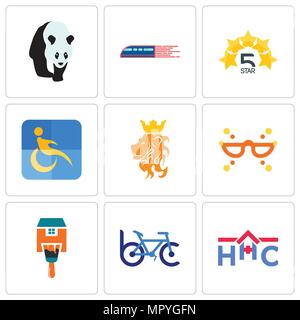 Set Of 9 simple editable icons such as home health care, bike club, paint, masquerade, royal lion, disability, 5 star, railway, , can be used for mobi Stock Vector