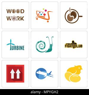 Set Of 9 simple editable icons such as chick, aeroplane, this side up, fight club, snails, turbine, coffe, super market, woodwork, can be used for mob Stock Vector