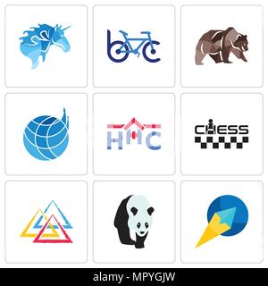 Set Of 9 simple editable icons such as paper plane, three triangle, chess, home health care, logistics company, grizzly bear, bike club, , can be used Stock Vector