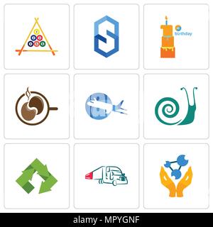 Set Of 9 simple editable icons such as chemist, truck company, recycle, snails, aeroplane, coffe, first birthday, s hexagon, billiard, can be used for Stock Vector