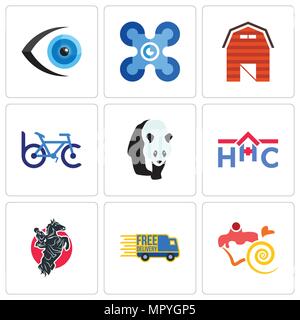 Set Of 9 simple editable icons such as confectionery, free delivery, equestrian, home health care, bike club, barn, drones, eyeball, can be used for m Stock Vector