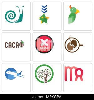Set Of 9 simple editable icons such as virgo, olive tree, aeroplane, coffe, cancel, military, snails, can be used for mobile, web Stock Vector