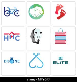 Set Of 9 simple editable icons such as the elite, fishing hook, book shop, home health care, foot print, hands shaking, bike club, can be used for mob Stock Vector