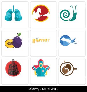 Set Of 9 simple editable icons such as coffe, surgeon, spartan, aeroplane, gamer, plum, snails, lungs, can be used for mobile, web Stock Vector