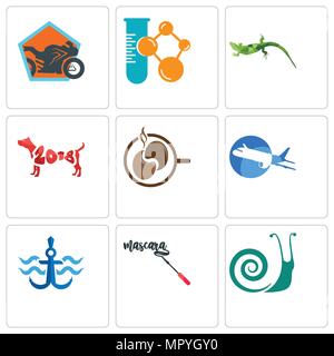 Set Of 9 simple editable icons such as snails, mascara, navy anchor, aeroplane, coffe, year of the dog, lizard, chemical company, motorcycle shop, can Stock Vector