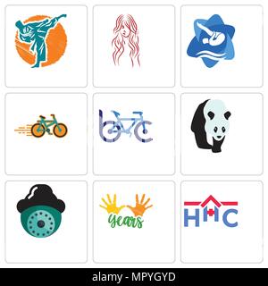 Set Of 9 simple editable icons such as home health care, 10 years, security camera, bike club, shop, swim and dive, long hair, martial arts, can be us Stock Vector