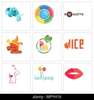 Set Of 9 simple editable icons such as lips, lollipop, maternity, dice, homeopathy, fried chicken, roulette, elephant head, can be used for mobile, we Stock Vector