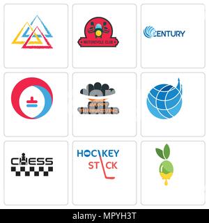 Set Of 9 simple editable icons such as olive oil, hockey stick, chess, logistics company, happy thanksgiving, heating cooling, century, motorcycle clu Stock Vector