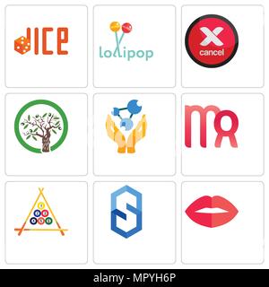 Set Of 9 simple editable icons such as lips, s hexagon, billiard, virgo, chemist, olive tree, cancel, lollipop, dice, can be used for mobile, web Stock Vector