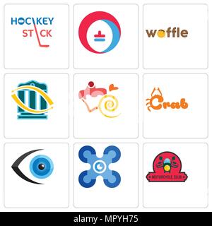 Set Of 9 simple editable icons such as motorcycle club, drones, eyeball, crab, confectionery, bank transfer, waffle, heating cooling, hockey stick, ca Stock Vector