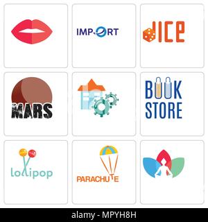 Set Of 9 simple editable icons such as chakra, parachute, lollipop, book store, facility, mars, dice, import, lips, can be used for mobile, web Stock Vector