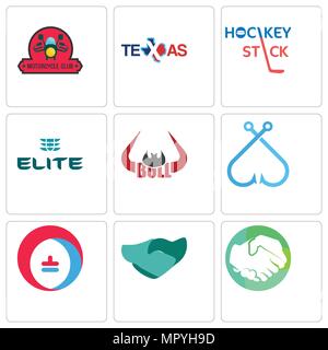 Set Of 9 simple editable icons such as hands shaking, hand heating cooling, fishing hook, bull horn, the elite, hockey stick, texas, motorcycle club,  Stock Vector