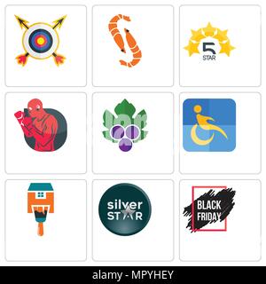 Set Of 9 simple editable icons such as black friday sale, silver star, home paint, disability, grape leaves, boxer, 5 shrimp, archery, can be used for Stock Vector