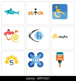 Set Of 9 simple editable icons such as home paint, drones, 5 star, sun moon, eyeball, confectionery, disability, stick figure, sharks, can be used for Stock Vector