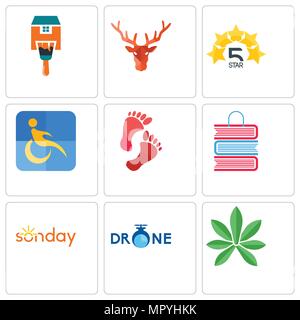 Set Of 9 simple editable icons such as pot leaf, sunday, book shop, foot print, disability, 5 star, deer head, home paint, can be used for mobile, web Stock Vector
